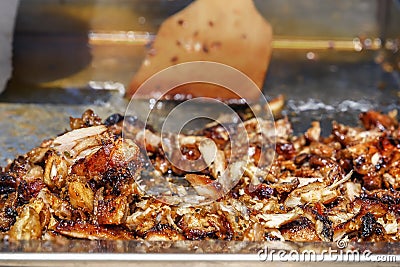 Fried meat for the preparation of donors or shawarma. Stock Photo