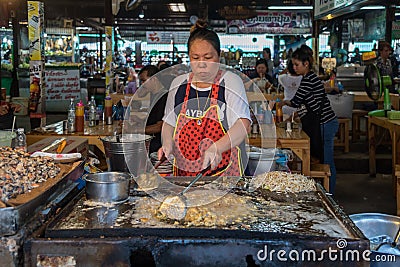 Fried mussel pancakes (Hoi Tod)at Thai street food Editorial Stock Photo