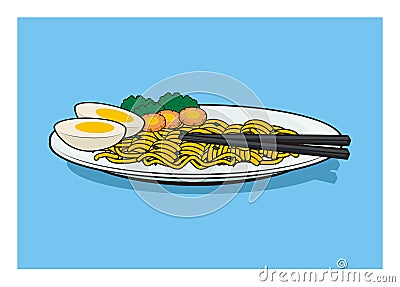 Fried noodle with boiled egg and vegetables topping. Simple flat illustration. Vector Illustration