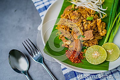Fried noodle Thai style, Stir-fried rice noodles Stock Photo