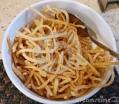 Fried noodles for veg Schezwan soup Stock Photo