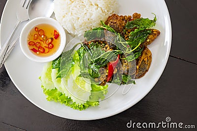 Fried one-thousand-year egg with crispy holy basil and rice dish Stock Photo