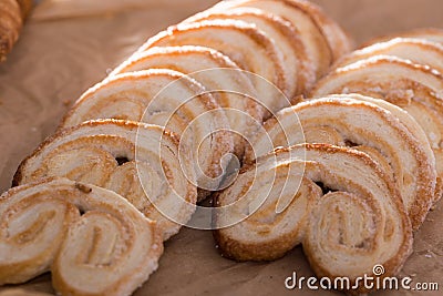 Fried Palmier laid out on counter Stock Photo