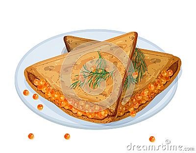Fried pancakes, blini or crepes stuffed with caviar and lying on plate isolated on white background. Traditional meal of Vector Illustration