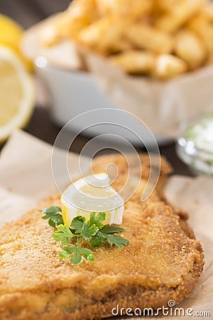 Fried Plaice with french fries Stock Photo