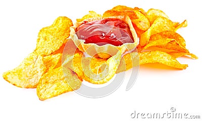 Fried potato chips and tomato ketchup Stock Photo