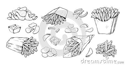 Fried potato. Hand drawn French fries. Vegetable dips and chips. Isolated black and white sketch of fast food in paper Vector Illustration