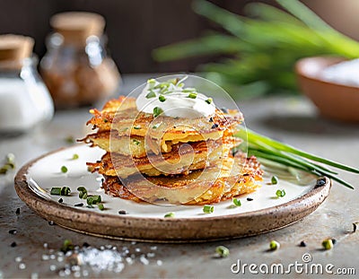 Fried potato pancakes with sour cream and chives. Sprinkled with salt and pepper. Vegetarian dish Stock Photo