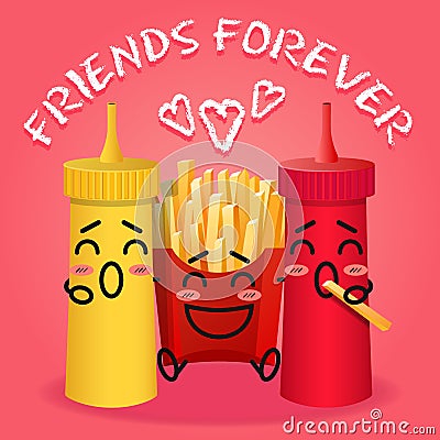 Fried potatoes and ketchup and mustard cartoon Vector Illustration