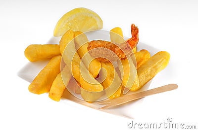 Fried potatoes and shrimp Stock Photo