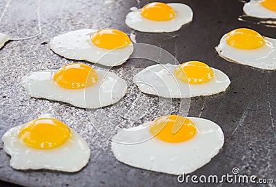 Fried Quail Eggs Cooking On Frying Pan, Thai Style Snack, Thailand Stock Photo