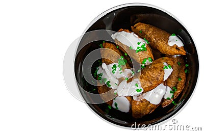 Fried Ravioli with Sauce. top view. isolated Stock Photo
