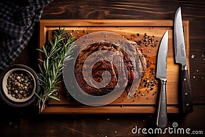 fried red background grill steak dark food beef meat raw sirloin. Generative AI. Stock Photo