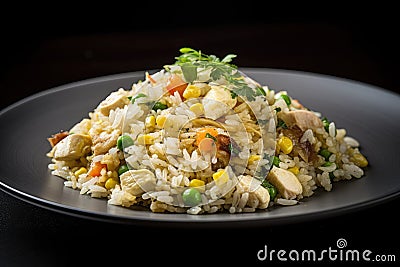 Fried Rice with Chicken Meat, Diced Tofu, Fried Vegetable Rice, Abstract Generative AI Illustration Stock Photo