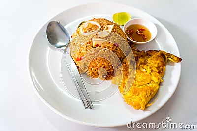 Fried rice seafood on white dish Stock Photo