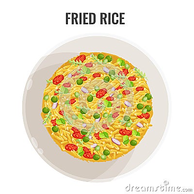 Fried rice in white bowl plane-view vector illustration Vector Illustration