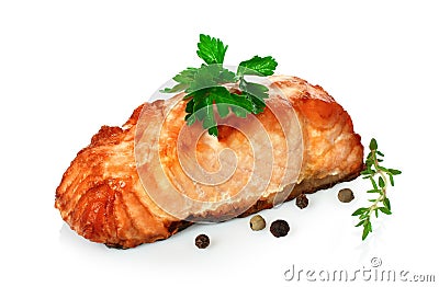 Fried Salmon fish steak whith green scum, on white background Stock Photo