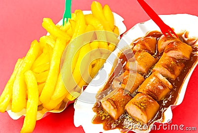 Fried sausage ,curry,with french fries Stock Photo