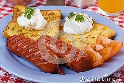 Fried sausage and french toast Stock Photo