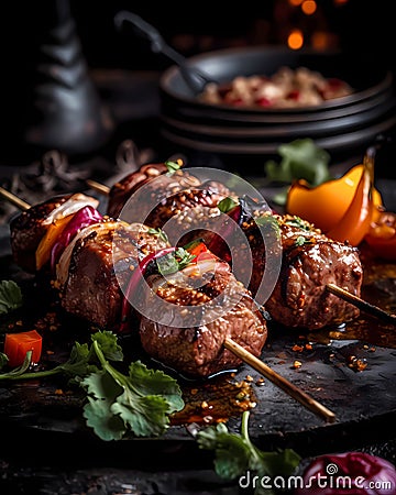 Fried shish kebab seductively and beautifully served. The illustration was created by AI Cartoon Illustration