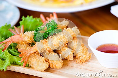 Fried shrimp ball or Tempura Shrimps in wood Stock Photo