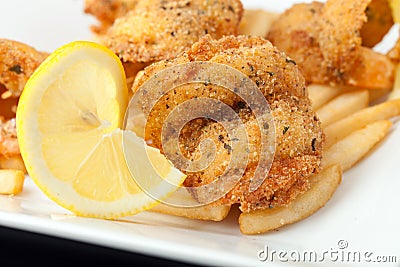 Fried Shrimp with Lemon Stock Photo