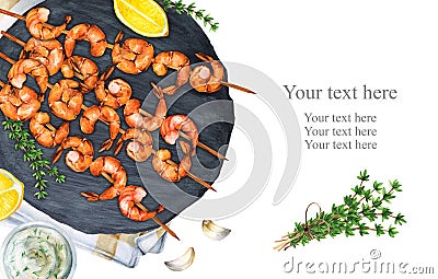 Fried shrimp with lemon and sauce watercolor Cartoon Illustration