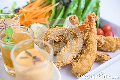 Fried Shrimp with Vegetable Salad Stock Photo