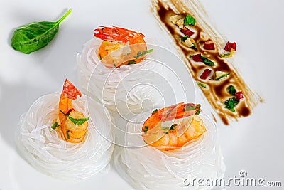 Fried shrimps Salad rice Noodle Nest Stock Photo