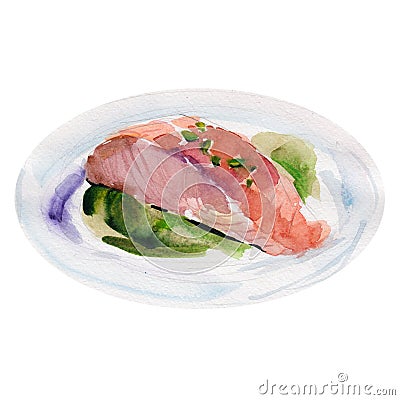 The fried slice of salmon with a broccoli sauce isolated on white background, watercolor illustration. Cartoon Illustration