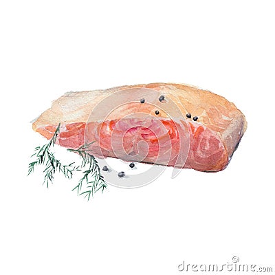 The fried slice of salmon with a fennel branch isolated on white background, watercolor illustration. Cartoon Illustration