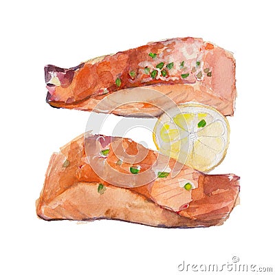 The fried slice of salmon with a lemon isolated on white background, watercolor illustration. Cartoon Illustration