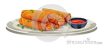 Fried spring rolls with sweet chili sauce illustration Vector Illustration