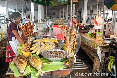 Fried Suri worms Rhynchophorus palmarum on a market in Iquitos, Peru Editorial Stock Photo