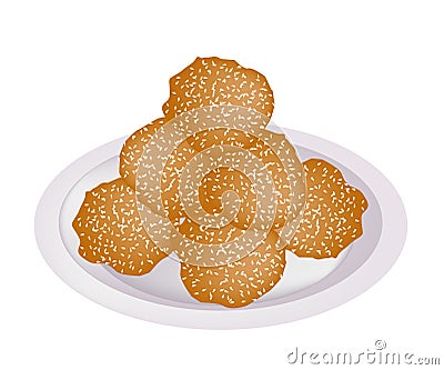 Fried Sweet Potato Balls with Sesame on Plate Vector Illustration