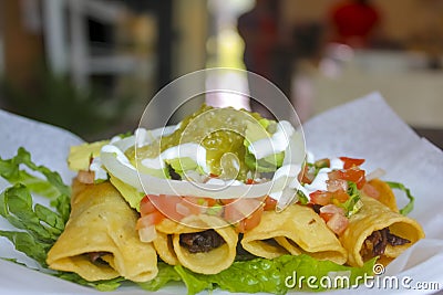 Fried Tacos in Spanish: Tacos Dorados. A Mexican food dish that typically consists of a small rolled-up tortilla that contains Stock Photo