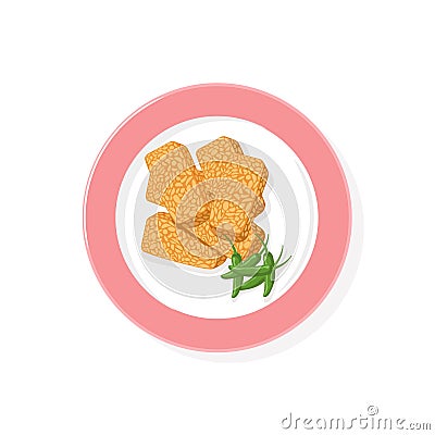 Fried tempeh with chili on a plate. isolated on a white background. Vegan organic fermented soybeans. Tradi Vector Illustration