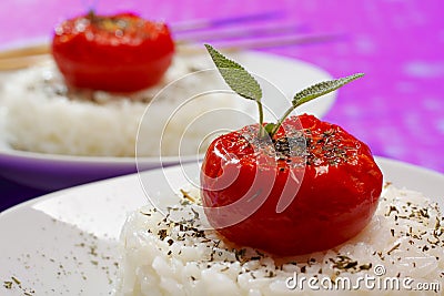 Fried tomatoes on rice Stock Photo