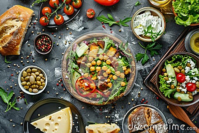 Fried Vegetable Salad, Green Mix Meat and Chickpeas, Cheese Plate and Freshly Baked Bread Stock Photo