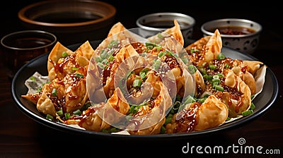 Fried Wontons with Chilli Flakes and Spring Onion on Selective Focus Background Stock Photo