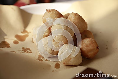 Fried Yuanxiao (Filled round balls made of glutinous rice-flour for Lantern Festival) is a traditional delicacy. Stock Photo