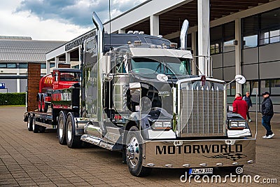 FRIEDRICHSHAFEN - MAY 2019: black KENWORTH W900 1961 conventional-cab truck at Motorworld Classics Bodensee on May 11, 2019 in Editorial Stock Photo