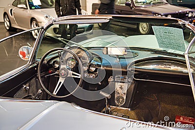 FRIEDRICHSHAFEN - MAY 2019: interior of silver CHEVROLET CORVETTE C1 1961 cabrio at Motorworld Classics Bodensee on May 11, 2019 Editorial Stock Photo