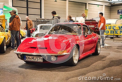 FRIEDRICHSHAFEN - MAY 2019: red OPEL GT 1968 coupe at Motorworld Classics Bodensee on May 11, 2019 in Friedrichshafen, Germany Editorial Stock Photo