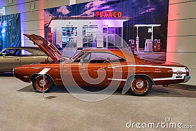 FRIEDRICHSHAFEN - MAY 2019: red orange DODGE SUPER BEE 1970 at Motorworld Classics Bodensee on May 11, 2019 in Friedrichshafen, Editorial Stock Photo