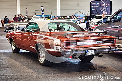 FRIEDRICHSHAFEN - MAY 2019: red orange DODGE SUPER BEE V 1970 coupe at Motorworld Classics Bodensee on May 11, 2019 in Editorial Stock Photo