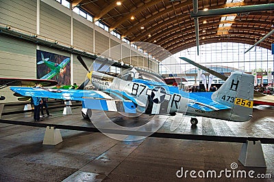 FRIEDRICHSHAFEN - MAY 2019: silver blue plane P-51D MUSTANG LOUISIANA KID 1944 at Motorworld Classics Bodensee on May 11, 2019 in Editorial Stock Photo