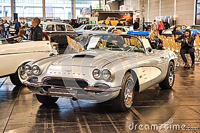 FRIEDRICHSHAFEN - MAY 2019: silver CHEVROLET CORVETTE C1 1961 cabrio at Motorworld Classics Bodensee on May 11, 2019 in Editorial Stock Photo