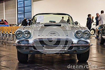 FRIEDRICHSHAFEN - MAY 2019: silver CHEVROLET CORVETTE C1 1961 cabrio at Motorworld Classics Bodensee on May 11, 2019 in Editorial Stock Photo