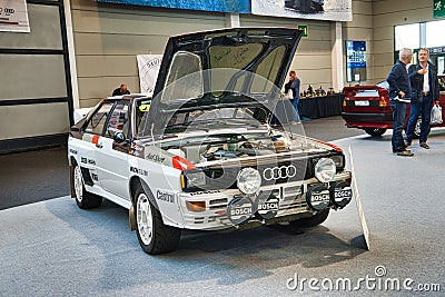 FRIEDRICHSHAFEN - MAY 2019: white AUDI QUATTRO A1 TYPE 81 85 1980 sedan at Motorworld Classics Bodensee on May 11, 2019 in Editorial Stock Photo